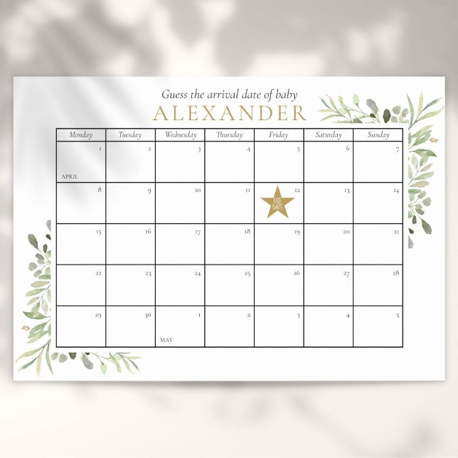 Poster Jogo de adivinhação da data de nascimento do chá d (Greenery Baby Shower Guess The Due Date Game Poster)