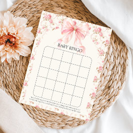 Poster Jogo de Bingo de Bebê Floral Cottage com Laço Rosa