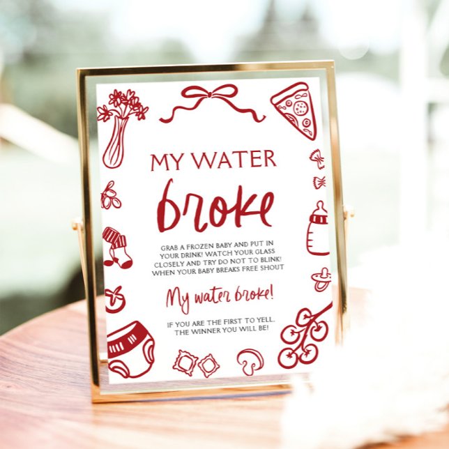 Poster Jogo de Chá de Bebê 'Minha Bolsa Estourou' Desenha (Hand Drawn Italian My Water Broke Baby Shower Game Sign)
