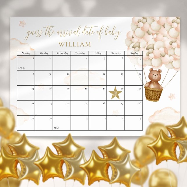 Poster Jogo de Chá de Bebê Urso Teddy para Adivinhar a Da (Guess The Due Date Teddy Bear Baby Shower Game Poster)
