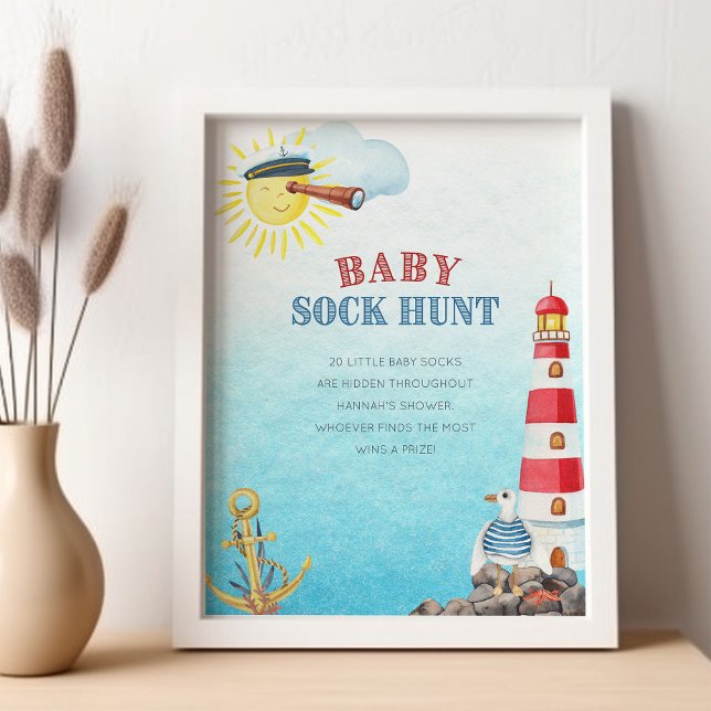 Poster Jogo de Chá de fraldas Náutico Coca-Cola de Bebê (Baby Sock Hunt Sign - printed or digital - from my Ahoy it's a boy Nautical Baby Shower collection)