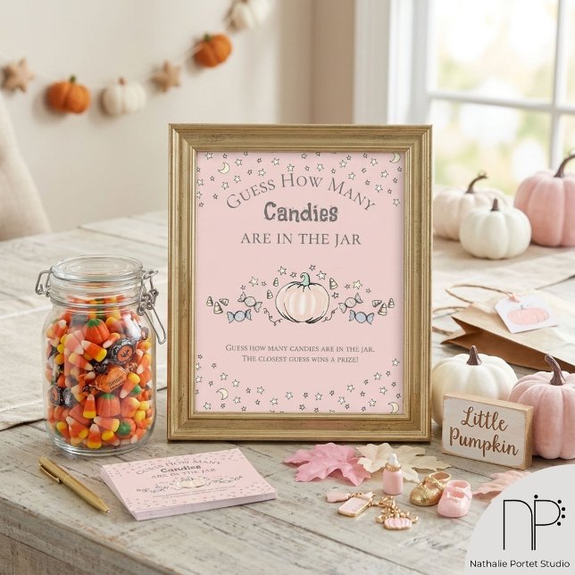 Poster Jogo de Chuvadeiro de Bebê Quantas Balas Abóbora R (This Pumpkin Star Candy Guess Baby Shower Game features hand-drawn art for a fun party activity)