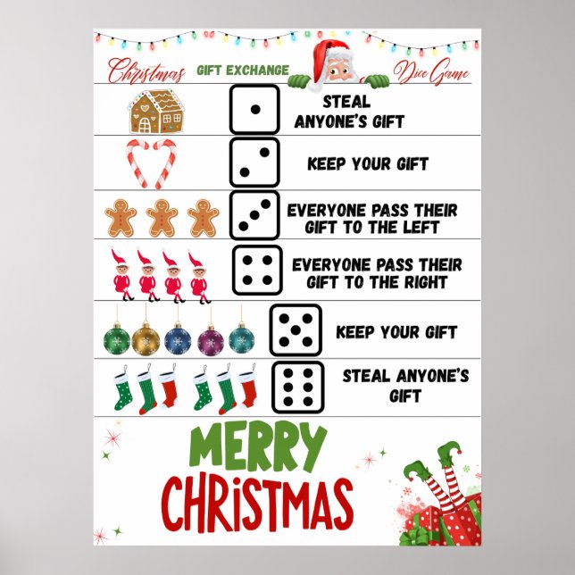 Poster Jogo de Dados de Troca de Presentes de Natal Elefa (Frente)