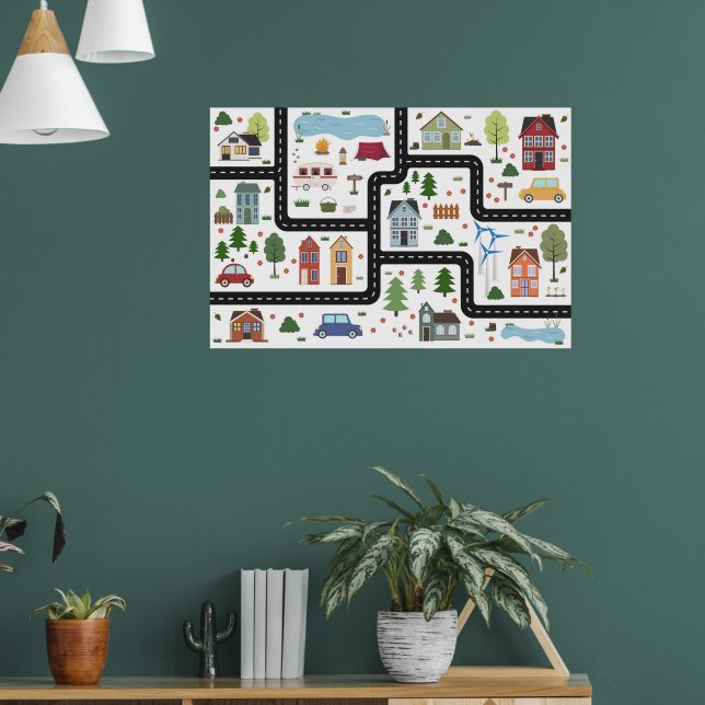 Poster Jogo de mapas infantis com estrada, carros e casas (Sala de Estar 1)