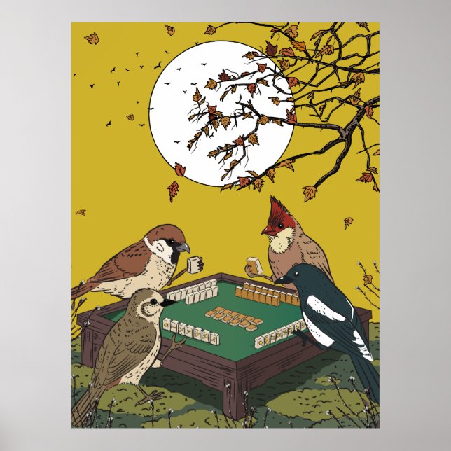 Poster Jogo de pássaros jogando Mahjong  (Frente)