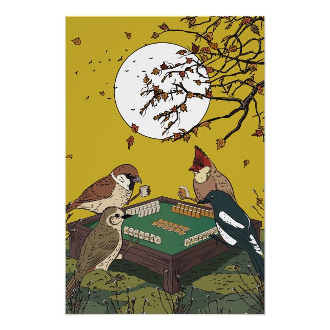 Póster Jogo de pássaros jogando Mahjong  (Frente)