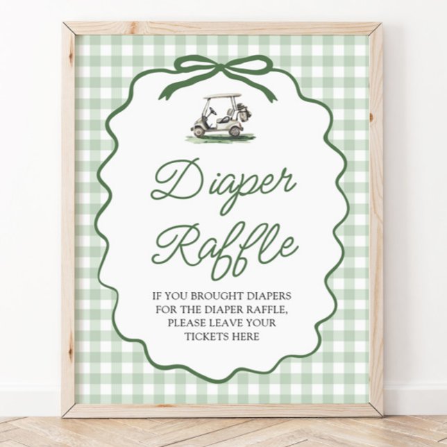 Poster Jogo de Rifas de Fraldas para Chá de Bebê de Golfe (Sage Green Golf Bow Baby Shower Diaper Raffle Game Sign)
