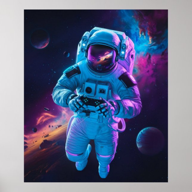 Poster Jogo de Vídeo de Astronauta Vibrante Futurista (Frente)