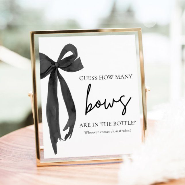 Poster Jogo Moderno Elegante de Arco Preto 'Adivinhe Quan (Modern Elegant Black Bow Guess How Many Bows Game Sign)