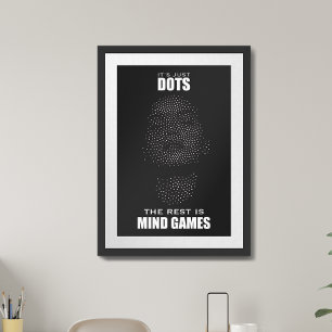 Poster Jogos da Mente. Face pontilhada com citação inspir