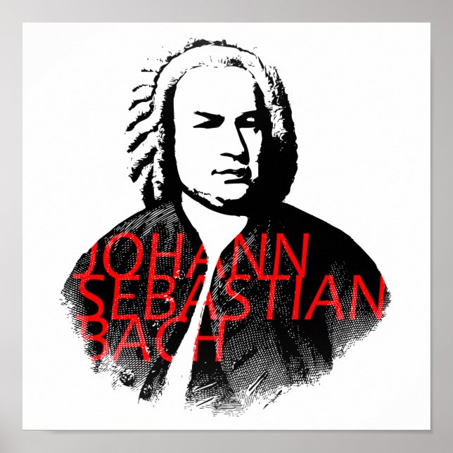 Poster Johann Sebastian Bach retrata e letras vermelhas (Frente)