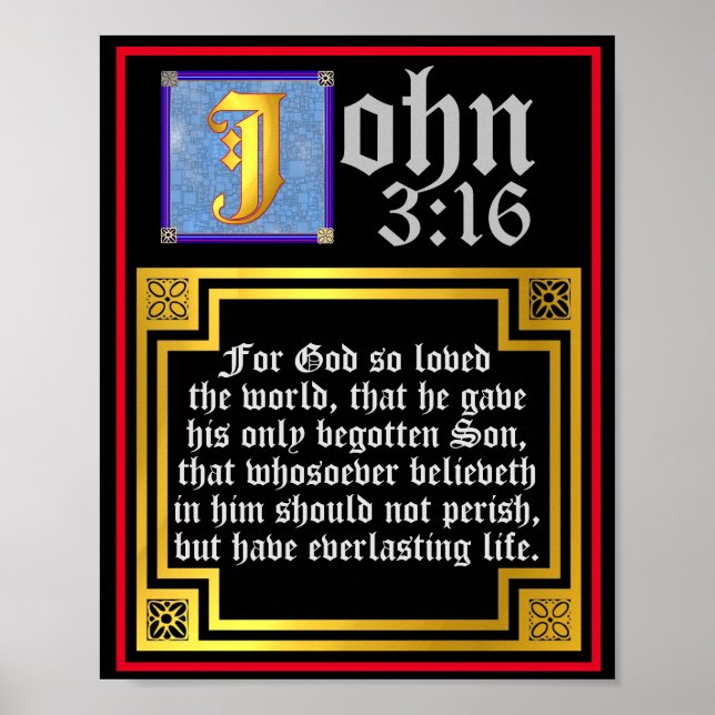 Poster John 3:16 Blue Iluminated - Letra Bíblica Citação (Frente)