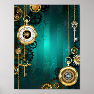 Poster Joia Steampunk Relógio em um Fundo Verde