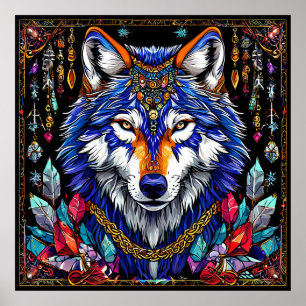 Poster Joias de Lobo Colorido Arte Animal de Fantasia Sel