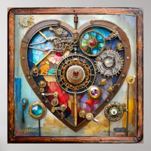 Poster Jóias e Coração de Vidro Manchado Série Steampunk