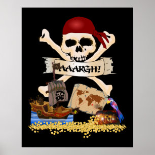 Póster Jolly Roger, navio pirata e baú pirata