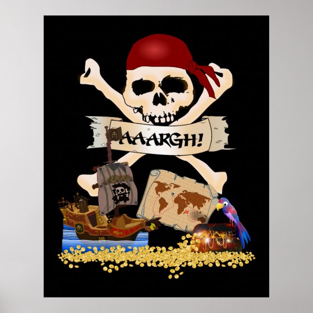 Póster Jolly Roger, navio pirata e baú pirata (Frente)