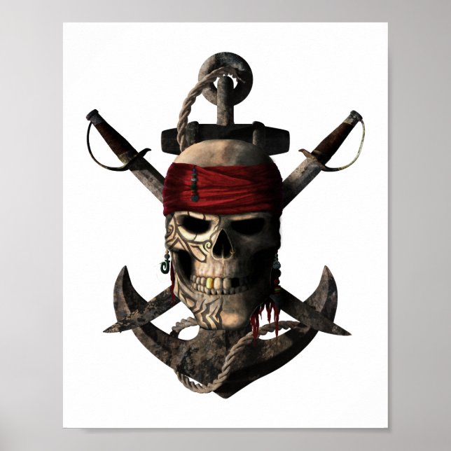 Poster Jolly Roger Pirate Skull e Espadas Navegando em Ân (Frente)