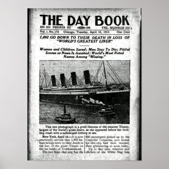 Poster Jornal de Chicago 16 de abril de 1912 Titanic (Frente)
