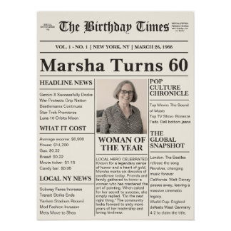 Póster Jornal de Nascimento de Aniversário Marco Vintage 