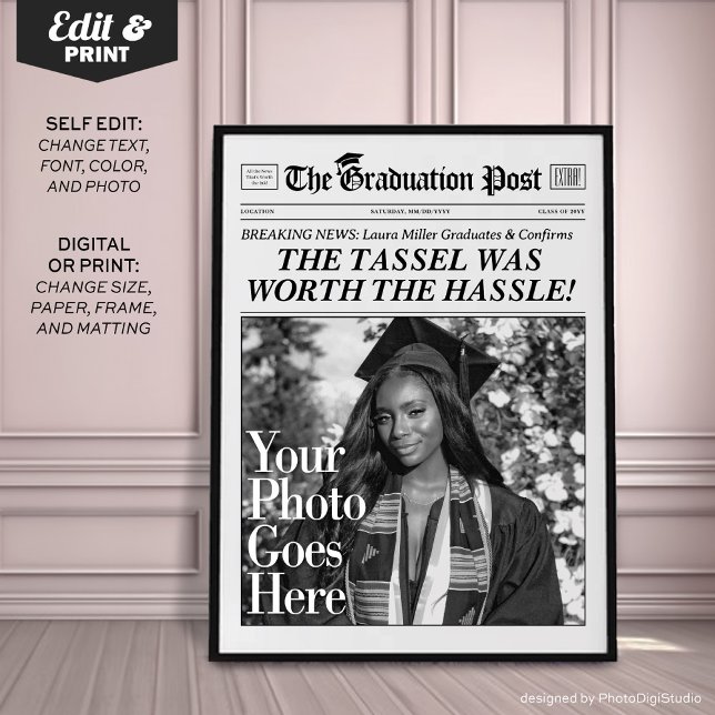 Poster Jornal Personalizado de Graduação, Festa de format (Custom Graduation Newspaper Print, Personalized Grad Gift, Fun Tassel Quote)
