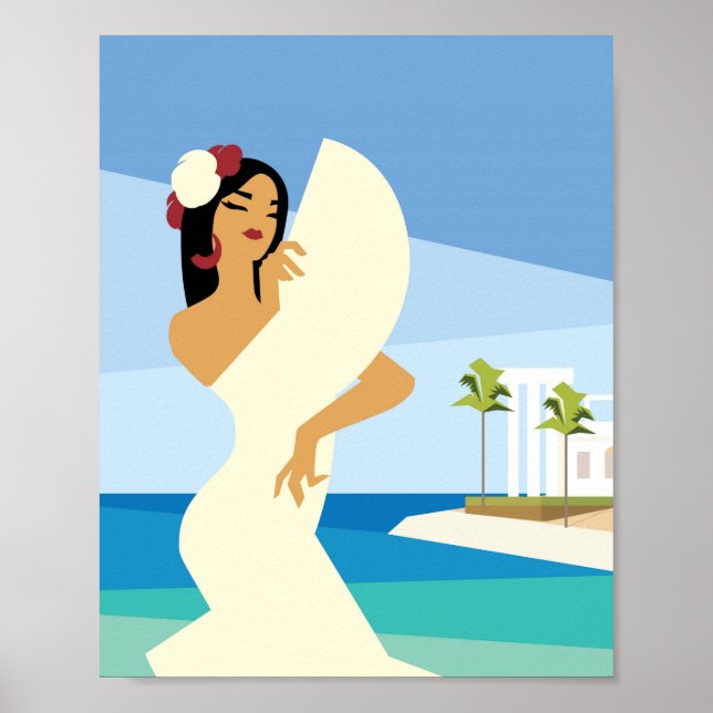 Poster Jovem Espanhola posando com fã na costa oceânica (Frente)