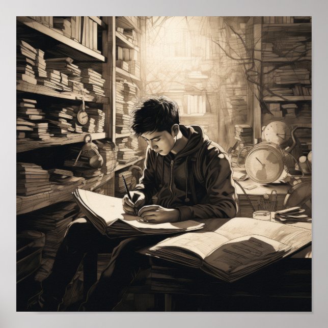 Poster Jovem estudante imerso na biblioteca: Inspiring Po (Frente)