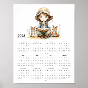 Poster Jovem Garota Lendo aos Coelhos Calendário de 2025