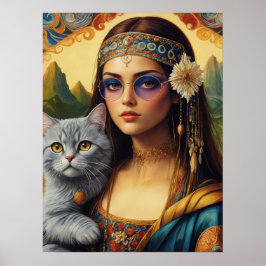 Poster Jovem Mona Lisa Hippie e Seu Gato Cinza