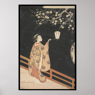 Poster Jovem mulher que admira as flores da ameixa na