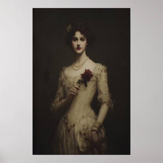 Poster Jovem Mulher Segurando Rosa Murcha, Gótico Vitoria (Frente)