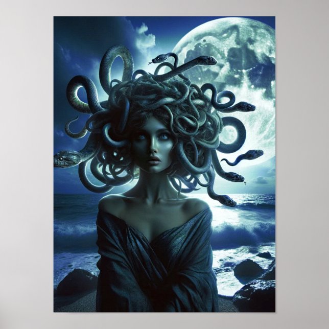 Poster Jovens Bonito Medusa pela Lua e Oceano (Frente)