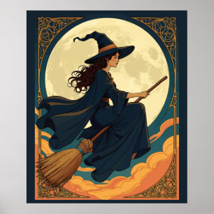 Poster Jovens Bruxas Sentaram Astride Um Estilo Besom Art