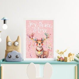Poster Joy Peace Love Cute Reindeer e Luzes de Natal