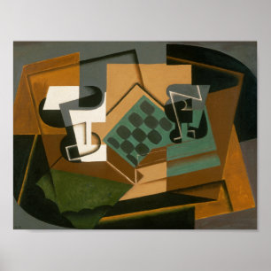 Póster Juan Gris - tabuleiro de xadrez, vidro, e prato