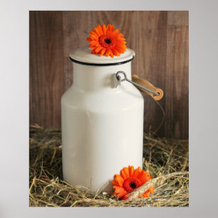 Poster Jug de Leite Branco Russo com Flores Laranja Foto