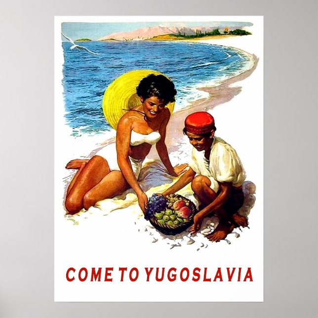 Poster Jugoslávia, mulher na praia com vendedor de frutas (Frente)