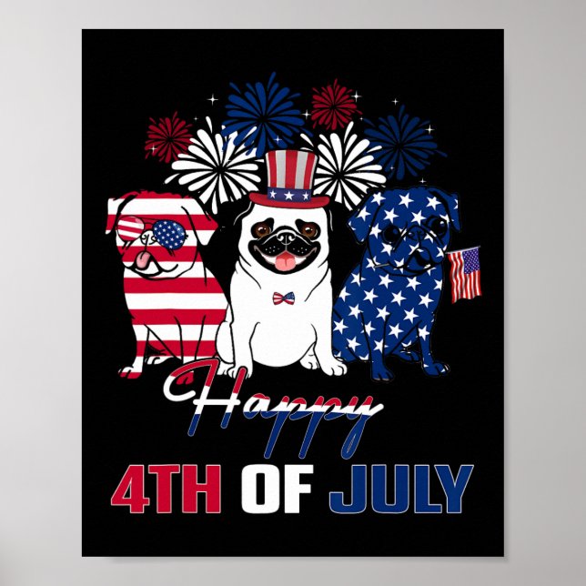 Poster Julho americano Bandeira Três Branco Vermelho Pug  (Frente)