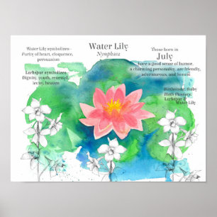 Poster Julho Aniversário Waterlily Larkspur Flores