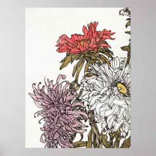 Poster Julie De Graag Chrysanthemums Art Floral Woodcut