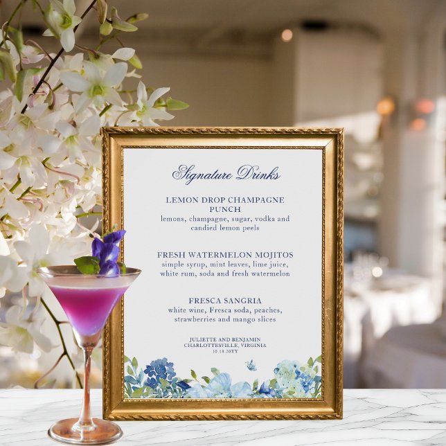 Poster Juliette Dusty Blue Signature Bebe Sinal de Casame (Let guests know about the signature drinks at your reception with this pretty blue floral sign)