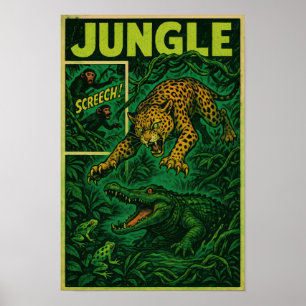 Poster Jungle Ambush - Jaguar vs Alligator Retro Comic