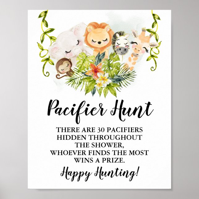 Poster Jungle Animals Pacifier hunt Baby Shower game sign (Frente)