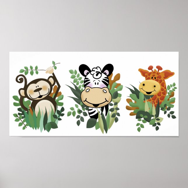 PÓSTER JUNGLE SAFARI MONKEY, ZEBRA E GIRAFFE ART (Frente)