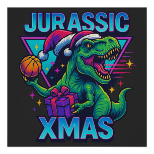 Póster Jurassic Xmas T-Rex - Retro 80s Dinossauro Neon de