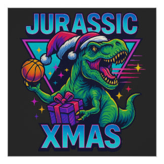Póster Jurassic Xmas T-Rex - Retro 80s Dinossauro Neon de