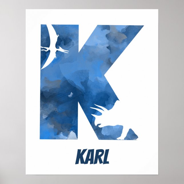 Poster "K" Dinossauro Aquarela Azul Nome da Criança Poste (Frente)