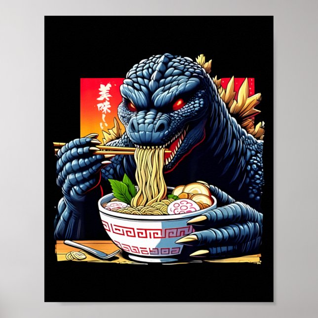 Poster Kaiju Engraçado Comendo Ramen Amante de Monstros J (Frente)