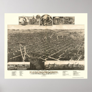 Póster Kalamazoo, mapa panorâmico do MI - 1883