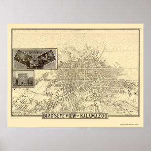 Póster Kalamazoo, mapa panorâmico do MI - 1908